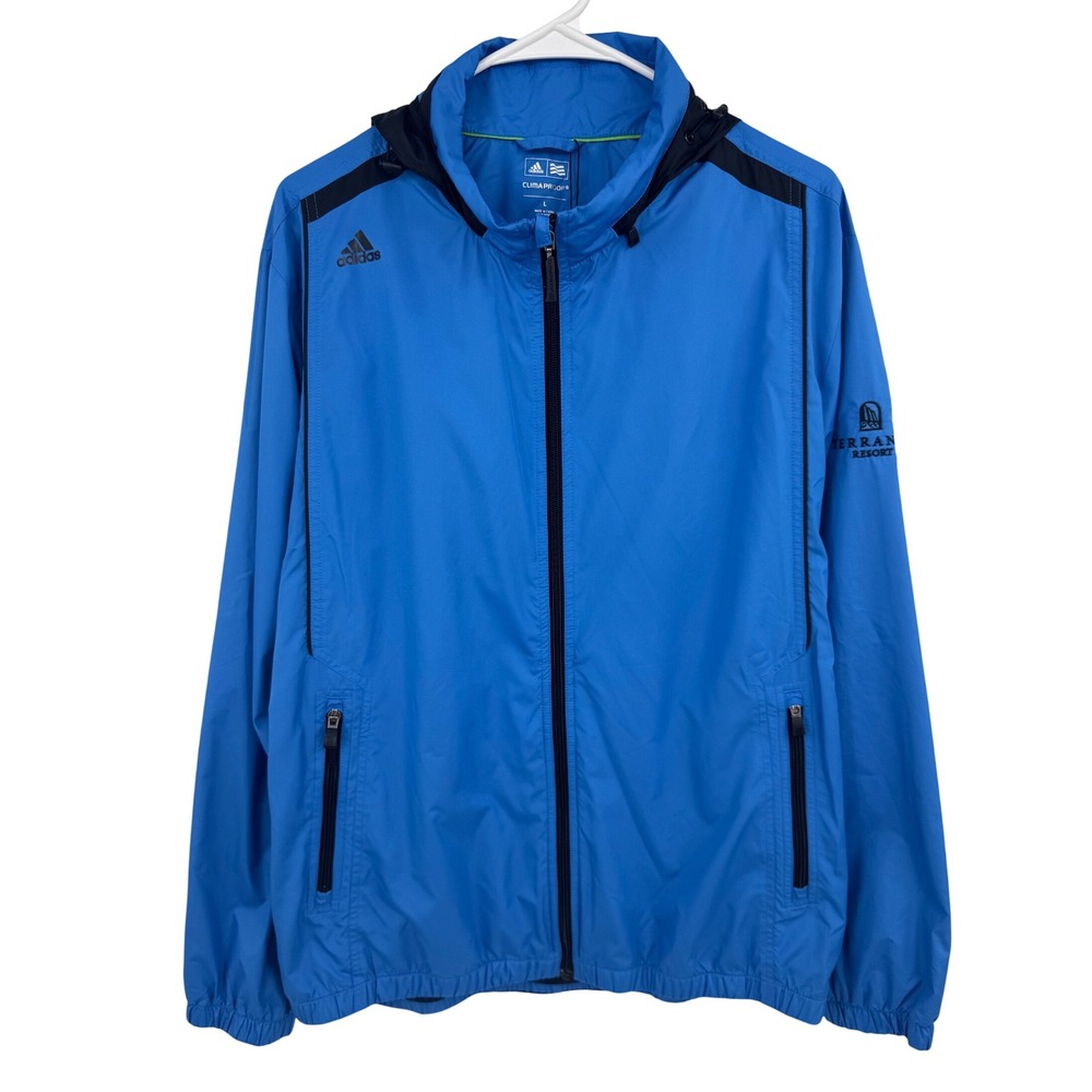 Adidas ClimaProof Golf Jacket‎ Mens Large Blue Black Hooded Windbreaker Terranea